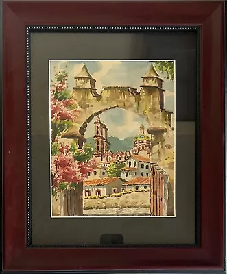 Francisco Morales - Signed Taxco Watercolor Painting  Town View Through Gate  • $200