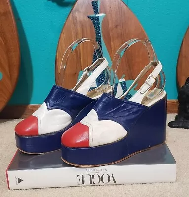 VTG 60s 70s Platform Shoes Sandals Red White Blue Leather Mod Disco Studio 54 • $547.98