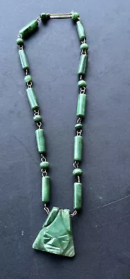 Vintage Hand Carved Green Jade AZTEC Mayan Warrior Necklace • $89.99