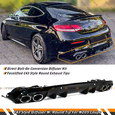 C43 Style Blk Bumper Diffuser+chrome Round Exhaust Tips For 15-21 W205 2dr Coupe • $299.99