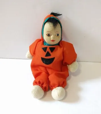 Vintage Hand Painted Halloween Jack O Lantern Doll 6  Soft Body Glass Head • $19.99