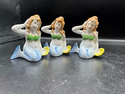 Vintage Trio Mermaid Figurines Salt Pepper Shakers 1940-50s Nautical Seashells • $39