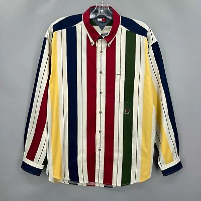 Vintage Tommy Hilfiger Shirt Mens XL Button Up Red Blue Yellow Big Stripes 90s • $22.49