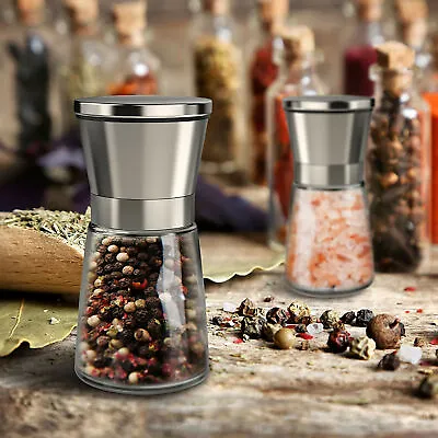 2pcs Salt Pepper Grinder Set Stainless Steel Glass Shaker Adjustable Mill Coarse • £7.29