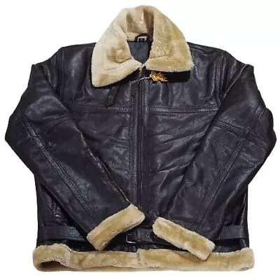 Mens Bomber Jacket Leather Fur Aviator Pilot RAF B3 Flying Faux Warm Fur Jacket • $199