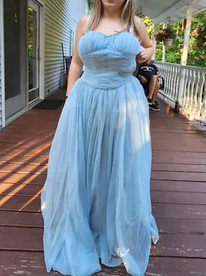 Vintage Blue Strapless CHIFFON & TULLE PROM PARTY DRESS W/Taffeta Lining • $99