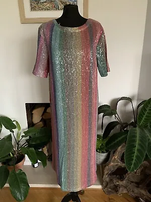 Stunning ZARA Rainbow Stripe Sparkly Sequin MIDI Dress - Size S BLOGGERS FAV • £49.99