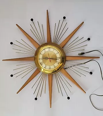 Vintage Sun Burst Wooden & Brass Wall Clock • $324