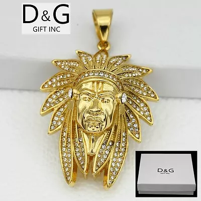 DG Men's Stainless SteelNative American IndiansCZ 64mm Pendant Gold Plated.Box • $17.99