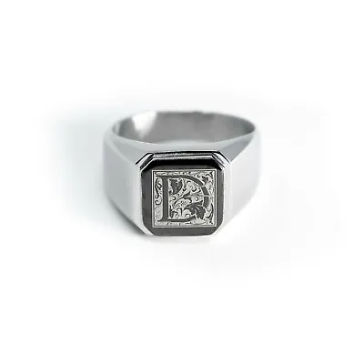 Stainless Steel Floral Monogram Letter D Mens Square Biker Flat Top Signet Ring • $14.50