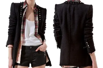 Zara Black Stud Boucle Tweed Textured Open Front Jacket Blazer Size XS UK 6 8 • $37.88