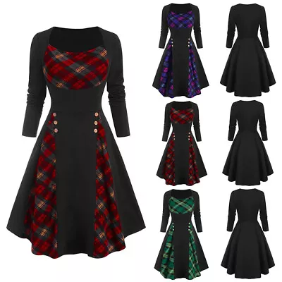 Womens Plaid Check Skater Dress Steampunk Gothic Party Swing Dresses Costume US • $20.99