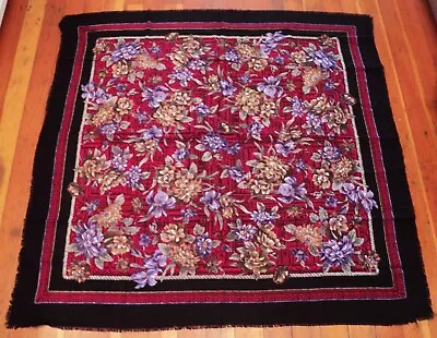 Vtg WOOL CHALLIS Floral Large SCARF Shawl Wrap 50  Black Red Purple Taupe Gray • $34.95