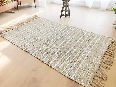 Rug Natural Rugs Soft Jute Pin Stripe Mat Beige Tassels Small Large Runner Mats • £23.50