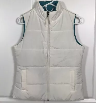 Merona Womens Size Small Reversible Puffer Vest Cream Teal Full Zip Pockets Cute • $12.99