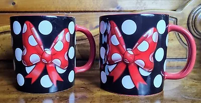 Set Of 2 Disney Minnie Mouse Mug Embossed Bow Red Black W White Dots / Perfect. • $22