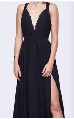 Fame & Partners NEW Plunge Neck Thigh High Front Slit Black Gown Formal Maxi 4 • $245
