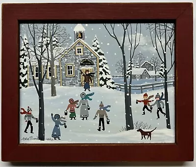 Original CATE MANDIGO 'Bear Pond School' Winter Children FOLK ART Oil Painting • $220.50