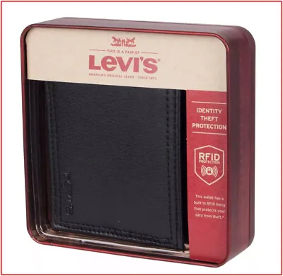 Levis Mens TRAVELER Bifold LEATHER Wallet - Zipper Bill & ID Area RFID - BLACK • $35.95