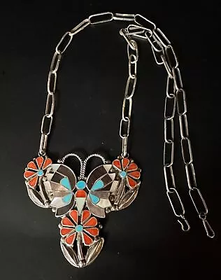 Vtg Zuni R A Wallace Signed Native American Sterling Butterfly Pendant Necklace • $125.50