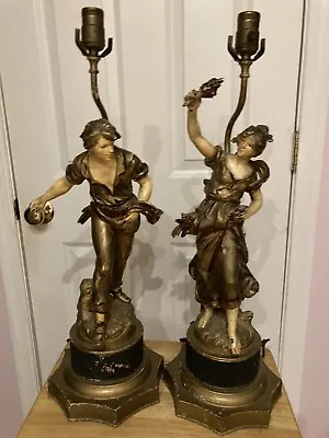 Pair Figural Lady/man Spelter Lamps Auguste Moreau Paris France Signed • $190