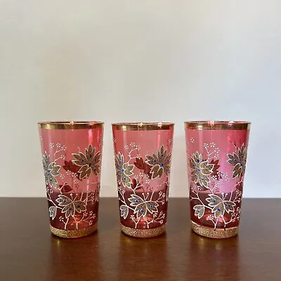 Antique Bohemian Moser Glass Beaker Tumblers - Set Of 3 - Enamel & Baked Gold • $150