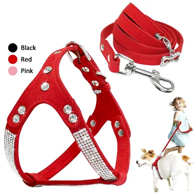 £13.19 • Buy Bling Rhinestone Dog Step In Harness And Lead Leash Soft Suede Pet Walking Vest 