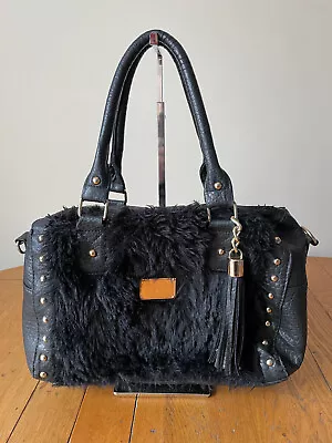 Black Vegan PVC Leather & Faux Fur Zip Top Handbag Grab Bag Stud Detail • £8.99