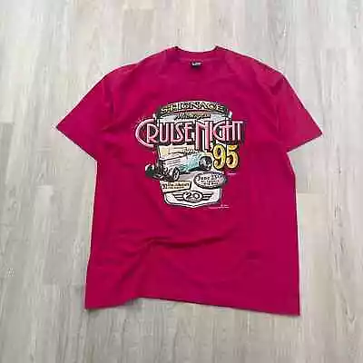 VINTAGE 90s St. Ignace Cruise Night Hot Rod Shirt Size Extra Large XL Pink 1995 • $25