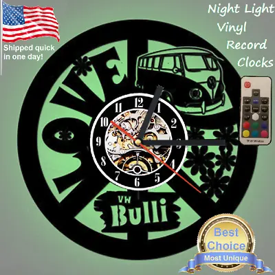 VW Bus Groovy Flower Power Love Peace Vinyl Record LED Back Lit Clock Shirt Art • $28.15