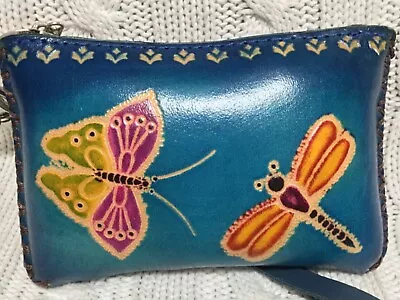 (As Is) Hand Made Embossed Genuine Leather Dragon/Butterfly Coin Purse/Wristlet • $5