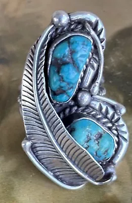 Vtg Huge Heavy Navajo Sterling Turquoise Nugget Ring Sz 7.75 1.75” Long 16g • $79