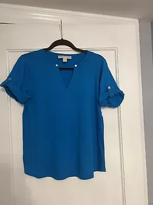 Michael Kors Turquoise Blue Short Tab Sleeve Womens Size L Top V Neck NWOT • $24.95