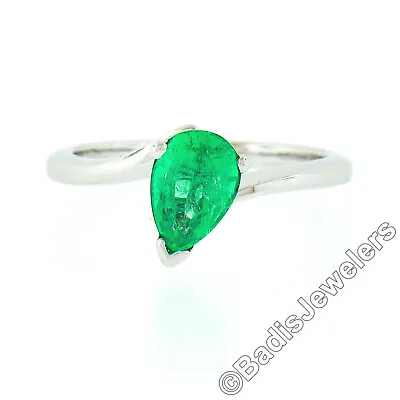 Vintage 14K White Gold 0.71ctw FINE Pear Colombian Emerald Solitaire Bypass Ring • $1198.40