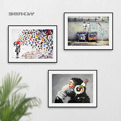 Banksy Set Of 3 Wall Art Prints Pictures Posters Monkey Headshot Butterfly Girl • £10.99