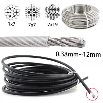 Stainless Steel Wire Rope Cable Rigging PVC Black/Clear Plastic Coated 0.38~12mm • £3.08