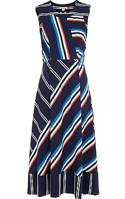 Whistles Navy Coral Red Pink White Striped Midi Dress 10 Breton Nautical Sailor • £24.99