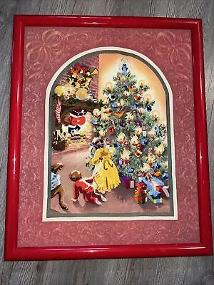 Vintage Christmas Framed Hand Embroidered Picture Santa Clause Tree Children WOW • $99.95
