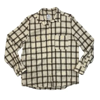 Zara Overshirt Mens XL Extra Large Cream Brown Textured Plaid Relaxed Fit Shirt • $15.25