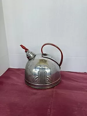 Vintage 1930s Silver Tea Kettle With Red Whistling Bird Art Deco • $42.50