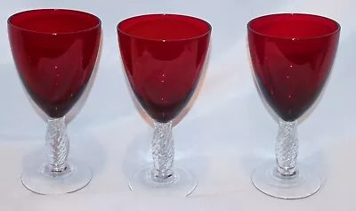 3 Vintage Ruby Red Crystal Red Wine Art Glasses Clear Glass Stems • $35