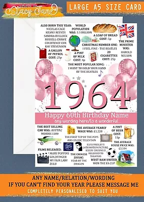 Personalised 60th Birthday LARGE A5 SIZE CARD 1964 Female Birth Year Mum Friend • £2.99