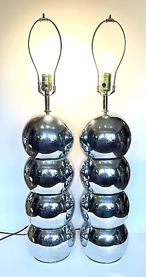 2 Vintage Mid Century Modern Chrome Metal Stacked Balls Table Lamp Kovacs Style • $599