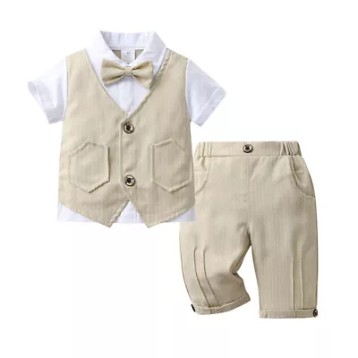 Boy Outfit Formal Suit Bow Tie Shirt+Suspenders Pants Wedding Page Party Prom • £20.99