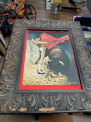 Vtg Framed Matador Bullfight Litho Canvas  By Rico Tomaso Antique Please READ! • $99.99