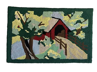 Vintage Wool Latch Hook Rug Covered Bridge In Summer Mid Century Modern 35 X 22 • $54.05