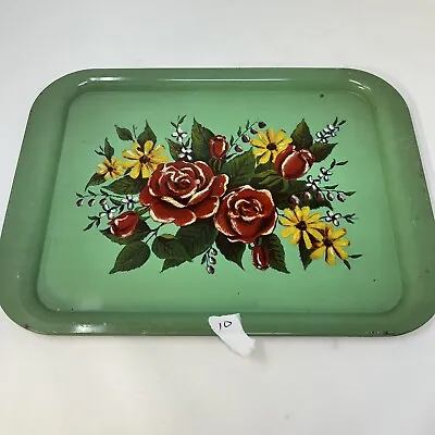 Green Floral Retro MCM Metal Lap Bed TV Tray Roses Vintage • $9.99