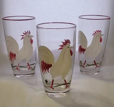 Set (3) Vintage Antique Chicken Rooster Glasses 5.5  Hand Painted Farmhouse Styl • $59