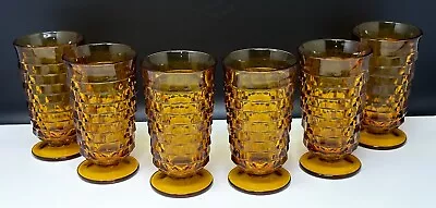 Vintage Amber Indiana Whitehall Cubist Footed Drinking Glass Tumblers Set Of 6 • $50