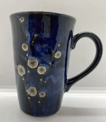 WORLD MARKET Ceramic Coffee Mug Cherry Blossom Indigo Blue 4.75x3.25” Textured • $14.99